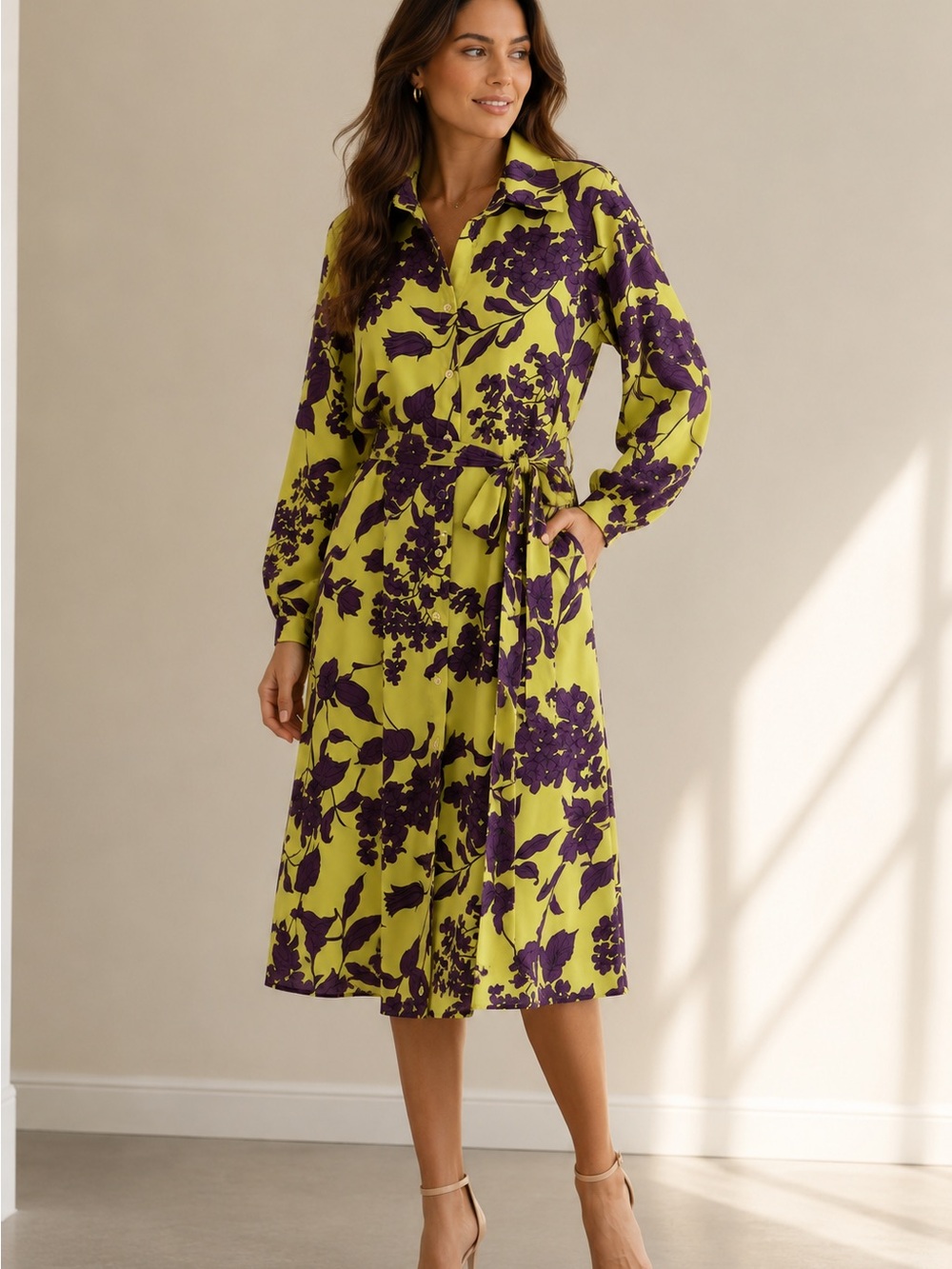 Button-Front Floral Midi Dress with Tie Waist - Lime & Purple